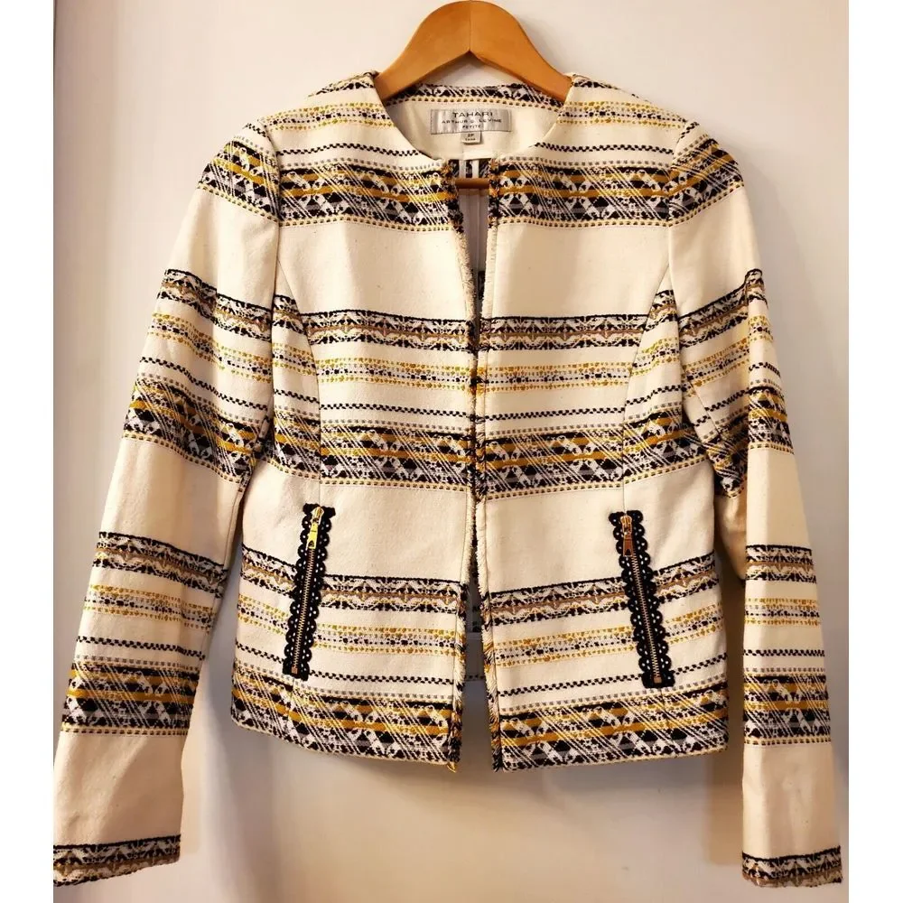 Tahari Open Blazer Jacket 2P Arthur S. Levine Woven Cream/Black/Gold Fringe Edge - Picture 3 of 10